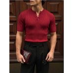 Elku Moda Erkek Düğmeli Bisiklet Yaka T-Shirt - Slim Fit Fitilli Ribana Örme Henley Yaka Tişört Old Money - Kırmızı - XL