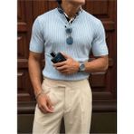 Elku Moda Erkek Düğmeli Bisiklet Yaka T-Shirt - Slim Fit Fitilli Ribana Örme Henley Yaka Tişört Old Money - Mavi