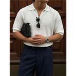 Elku Moda Erkek Fermuarlı Polo Yaka Triko Tişört - Oversize Örme Yazlık T-Shirt - Fermuar Kapamalı Rahat Kesim Dokulu Üst - Beyaz