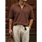 Elku Moda Erkek Fermuarlı Polo Yaka Triko Tişört - Oversize Örme Yazlık T-Shirt - Fermuar Kapamalı Rahat Kesim Dokulu Üst - Koyu Kahverengi - XL