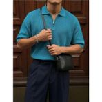 Elku Moda Erkek Fermuarlı Polo Yaka Triko Tişört - Oversize Örme Yazlık T-Shirt - Fermuar Kapamalı Rahat Kesim Dokulu Üst - Mavi