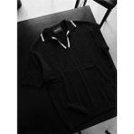Elku Moda Erkek Italyan Yaka Triko Tişört - Slim Fit Örme Kontrast Şeritli Old Money Polo Yaka T-Shirt - Siyah - Beyaz