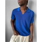Elku Moda Erkek Italyan Yaka Yarım Oversize Triko Tişört Rahat Kesim Örme Polo Yaka T-Shirt - Mavi - XL