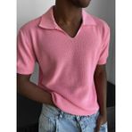 Elku Moda Erkek Italyan Yaka Yarım Oversize Triko Tişört Rahat Kesim Örme Polo Yaka T-Shirt - Pembe - XL