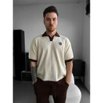 Elku Moda Erkek Oversize Çizgili Triko Polo Yaka Tişört Old Money Stil Örme Polo T-Shirt - Krem - XL