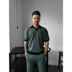 Elku Moda Erkek Oversize Çizgili Triko Polo Yaka Tişört Old Money Stil Örme Polo T-Shirt - Petrol Yeşili