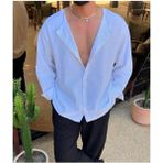 Elku Moda Erkek Oversize Hakim Yaka Keten Karışımlı Gömlek Rahat Kalıp Düz Renk Salaş Gömlek - Beyaz - XL
