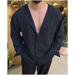 Elku Moda Erkek Oversize Hakim Yaka Keten Karışımlı Gömlek Rahat Kalıp Düz Renk Salaş Gömlek - Siyah