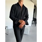 Elku Moda Erkek Oversize Italyan Yaka Keten Pamuk Karışımlı Gömlek Rahat Kalıp Düz Renk Yarım Oversize - Siyah - XL