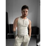 Elku Moda Erkek Sıfır Kol T-Shirt - Slim Fit Fitilli Ribana Dokuma Kolsuz Atlet Sıfır Yaka Spor Atlet Tişört - Bej - XL