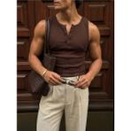Elku Moda Erkek Sıfır Kol T-Shirt - Slim Fit Fitilli Ribana Dokuma Kolsuz Atlet Sıfır Yaka Spor Atlet Tişört - Kahverengi