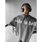 Elku Moda Made In Hell Slogan Gotik Oversize Tişört %100 Pamuklu Bisiklet Yaka T-Shirt Salaş Dökümlü Bol - Gri - XL