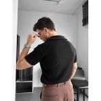 Elku Moda Old Money Erkek Yarım Fermuarlı Polo Yaka T-Shirt Slim Fit Örme Dokulu Premium Kalite - Siyah - XL