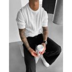 Elku Moda Old Money Style Erkek Slim Fit Dikey Çizgili T-Shirt Bisiklet Yaka Fitilli Triko Örme Tişört - Beyaz