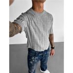 Elku Moda Old Money Style Erkek Slim Fit Dikey Çizgili T-Shirt Bisiklet Yaka Fitilli Triko Örme Tişört - Gri
