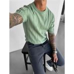 Elku Moda Old Money Style Erkek Slim Fit Dikey Çizgili T-Shirt Bisiklet Yaka Fitilli Triko Örme Tişört - Mint Yeşili