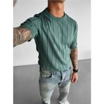 Elku Moda Old Money Style Erkek Slim Fit Dikey Çizgili T-Shirt Bisiklet Yaka Fitilli Triko Örme Tişört - Petrol Yeşili