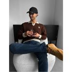 Elku Moda Premium Old Money Çizgili Polo Yaka Erkek Triko Kazak - Relaxed Fit Dokulu V Yaka Örgü Sweatshirt - Kahverengi - XL