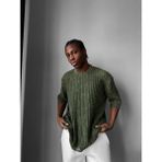 Elku Moda Retro Oversize Eskitme Detaylı Fitilli Triko Tişört Vintage Yıkamalı Kısa Kollu Knitwear T-Shirt - Haki - XL
