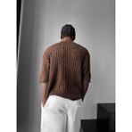 Elku Moda Retro Oversize Eskitme Detaylı Fitilli Triko Tişört Vintage Yıkamalı Kısa Kollu Knitwear T-Shirt - Kahverengi - XL