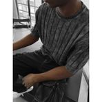 Elku Moda Vintage Görünümlü Bisiklet Yaka Triko Relaxed Fit Asit Yıkama Örme Tişört - Siyah