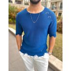 Elku Moda Yırtık Detaylı Tişört Lazer Kesim Tshirt Oversize Salaş Bisiklet Yaka Tişört - Koyu Mavi