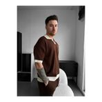 elkumoda Erkek Oversize Çizgili Triko Polo Yaka Tişört Old Money Stil Örme Polo T-shirt