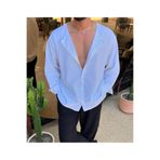 elkumoda Erkek Oversize Hakim Yaka Keten Karışımlı Gömlek Rahat Kalıp Düz Renk Salaş Gömlek