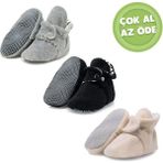 Ella Bonna Kaydırmaz Taban, Organik %100 Pamuk Astarlı , Bebek Panduf , 3'lü Ekonomik Paket (Bej-Siyah-Gri) - Bej - Siyah - Gri