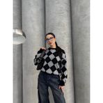 Ella Stylee Oversize Baklava Desenli Triko Kazak - Standart - 000-Siyah