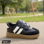 Ellaboni Günlük Unisex Çocuk Şeritli Siyah Beyaz Işıklı Sneaker Cırtlı Hafif Rahat Spor Ayakkabı - Siyah - Beyaz