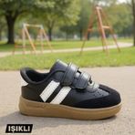 Ellaboni Günlük Unisex Çocuk Şeritli Siyah Beyaz Işıklı Sneaker Cırtlı Hafif Rahat Spor Ayakkabı
