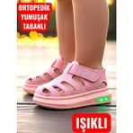 Ellaboni Işıklı Cırt Cırtlı Kız Çocuk Beyaz Yumuşak Ortopedik Taban Spor Sandalet Terlik - Pudra