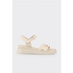 Elle Shoes Ekru Deri Kadın Dolgu Topuk Sandalet