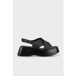 Elle Shoes Siyah Deri Kadın Dolgu Topuk Sandalet