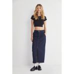 Elle Yüksek Bel Yırtmaçlı Midi Jeans Etek - Koyu Mavi - 40