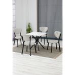 Elma Modeli Kare Mutfak Masa Sandalye Takımı, 4 Sandalye 1 Sabit Beyaz Masa 70X70 Cm, Keten Kumaş - Krem