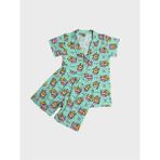 Elmas Kids Kız Çocuk %100 Pamuklu Yeşil Kedi Desenli Gömlek Yaka Düğmeli Kısa Kollu Şortlu Pijama Takımı - 9 - 10 Yaş