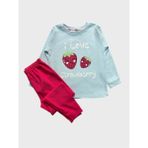 Elmas Kids Kız Çocuk Pamuklu Mavi Pembe Çilek Desenli Ribana Likralı Kalın Kışlık Pijama Takımı - 10 - 11 Yaş