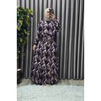 Elmas Tesettür Kadın Tesettür Giyim Büyük Beden Viscon Desenli Elbise - Mürdüm - 2XL
