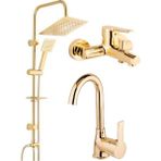 Elmina Armatür Gold Altın Kare Robot Duş Seti, Lavabo ve Banyo Bataryası Musluğu Çeşmesi 3'lü Set - Montaj Dahil Değil