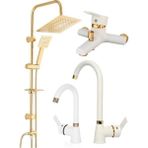 Elmina Armatür Gold Altın Kare Robot Seti, Beyaz Gold Banyo, Lavabo, Mutfak Bataryası Musluğu Çeşmesi 4'lü Set - Montaj Dahil Değil
