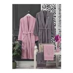 Elmira Textile 4 Parça %100 Pembe Gri Kadın Erkek Havlulu Bornoz Takımı