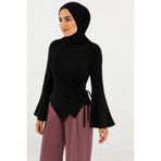 ELMODA Siyah Büzgü Detaylı Asimetrik Sandy Bluz – Uzun Kollu
