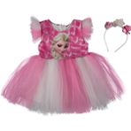 Elsa Baskılı Kız Elbise 1/4 yaş - Fuşya - 1 Yaş