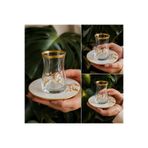 Elta Collection 6 Kişilik Gold Detaylı Cam Çay Bardağı ve Porselen Tabak Seti Lüks Tasarım Sunumluk