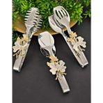 Elta Collection Paslanmaz Çelik Servis Seti Salata Maşası Pasta Küreği Kepçe Servis Kaşığı Çatalı Gold & Çiçek Desenli - gümüş 3 parça