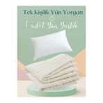 Elyaf Sepeti El Yapımı Tek Kişilik%100 Doğal Yün Yorgan 1 Adet%100 Yün Dolgulu Yastık, Beyaz