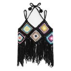 eLymwoo Kadın Kroşe Plaj Boho Bohem Püsküllü Kayış V Yaka Kaşkorse Göbeği Açık Üst Yelek El Yapımı Çiçek Üst, Siyah, One Size