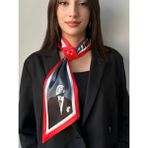 Emays Design Atatürk Portreli ve Imzalı Özel Tasarım Fular - Saten Kadın Şal - Antrasit - Gri - Siyah